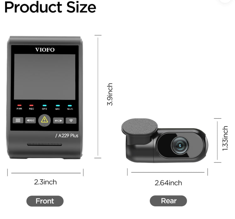 VIOFO A229 PLUS 2CH - Front & Rear - 2K+2K HDR Camera w/ Sony Starvis 2 Sensor