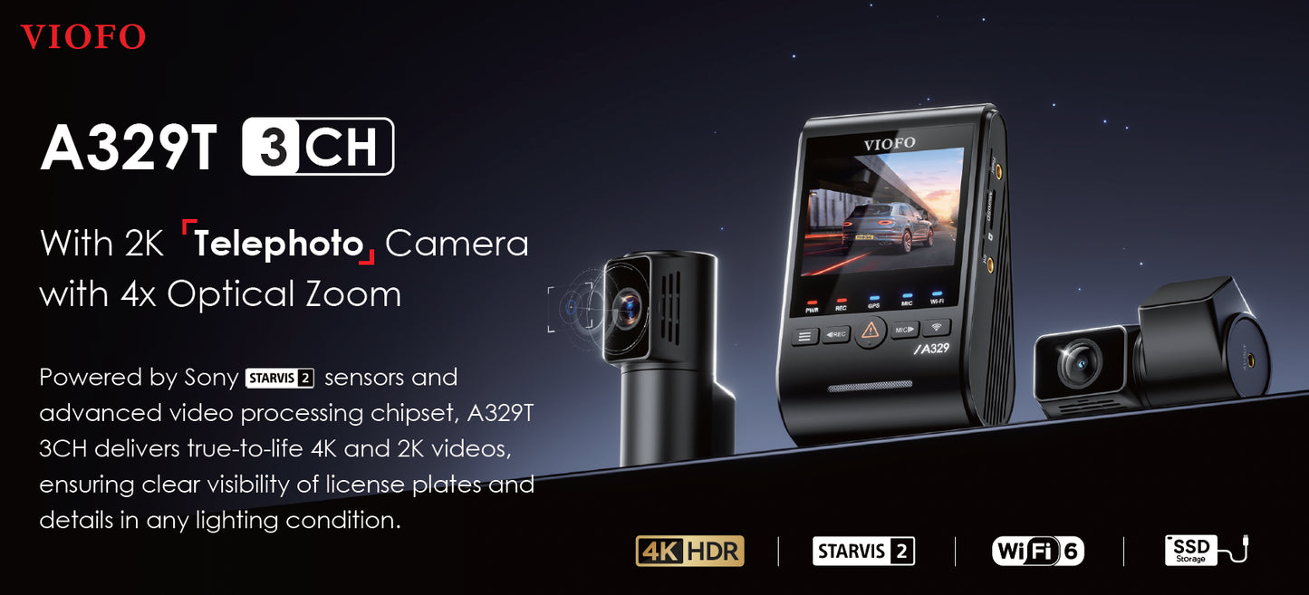 VIOFO A329T 3CH 4K+2K Telephoto+2K HDR Camera w/ Sony Starvis 2 Sensors