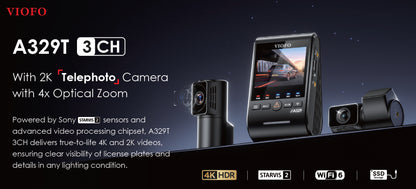 VIOFO A329T 3CH 4K+2K Telephoto+2K HDR Camera w/ Sony Starvis 2 Sensors