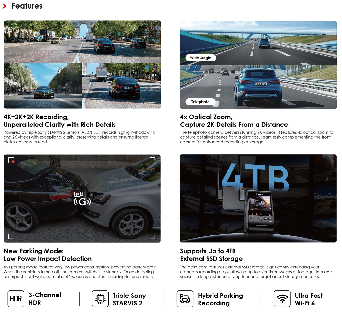 VIOFO A329T 3CH 4K+2K Telephoto+2K HDR Camera w/ Sony Starvis 2 Sensors