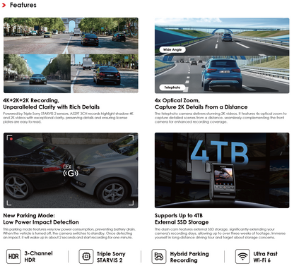 VIOFO A329T 3CH 4K+2K Telephoto+2K HDR Camera w/ Sony Starvis 2 Sensors